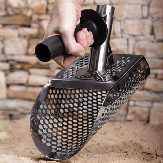CKG SAND SCOOP FOR METAL DETECTING, STAINLESS STEEL WITH HEXAHEDRON 7MM HOLES FOR BEACH TREASURE HUNTING + PLASTIC HANDLE