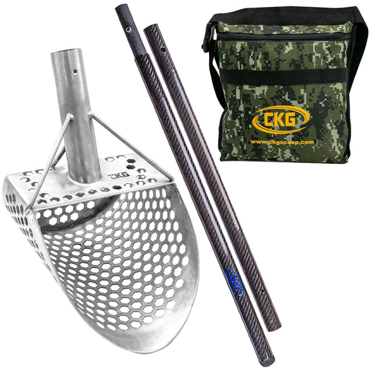 CKG 9 X 6 SAND SCOOP W/ CARBIN FIBER TRAVEL HANDLE  METAL DETECTING SCOOP STAINLESS STEEL  WITH HEXAGON HOLES