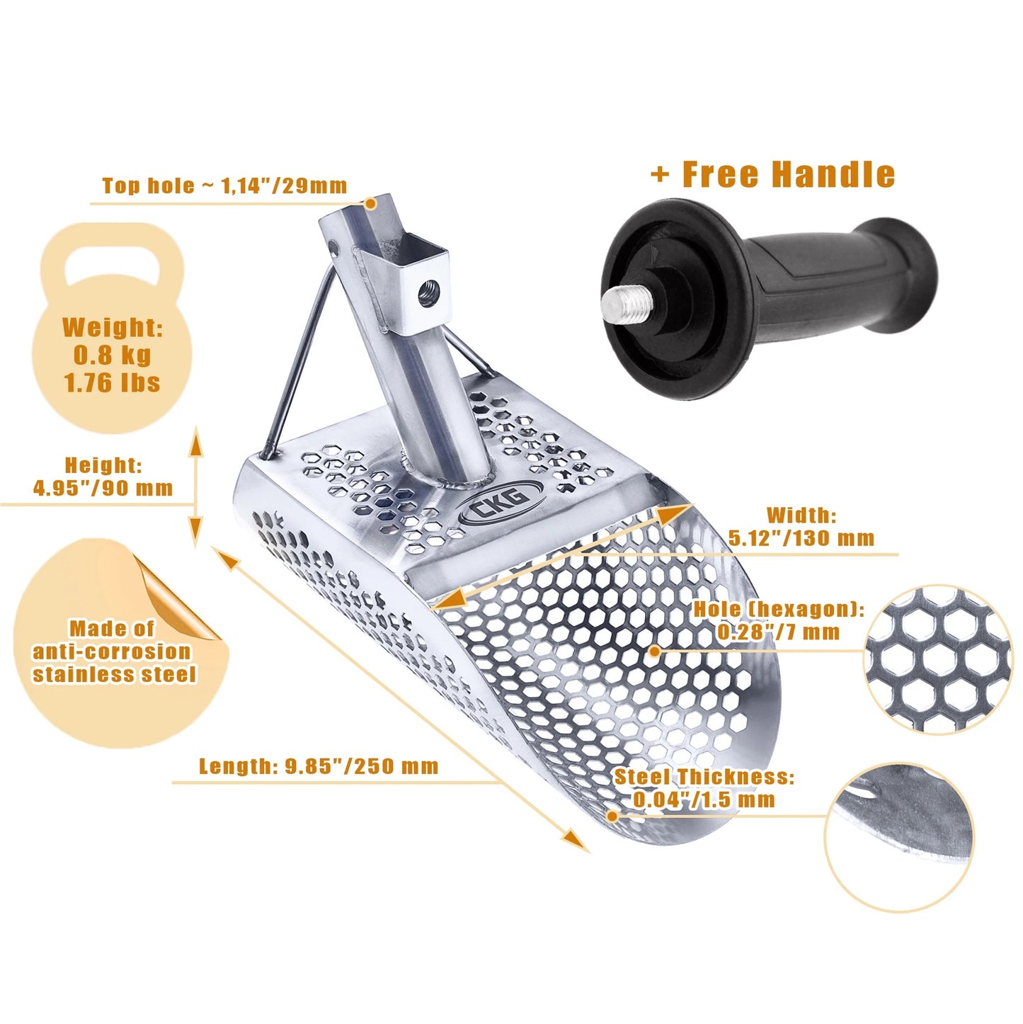 CKG SAND SCOOP FOR METAL DETECTING, STAINLESS STEEL WITH HEXAHEDRON 7MM HOLES FOR BEACH TREASURE HUNTING + PLASTIC HANDLE