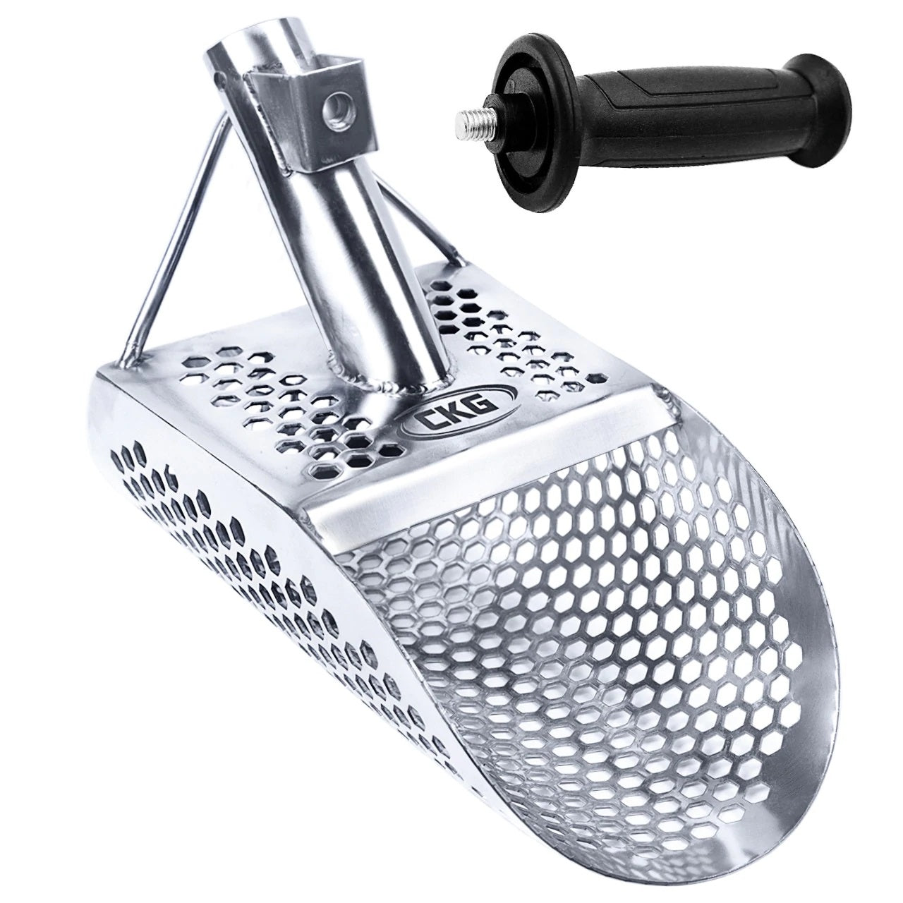 CKG SAND SCOOP FOR METAL DETECTING, STAINLESS STEEL WITH HEXAHEDRON 7MM HOLES FOR BEACH TREASURE HUNTING + PLASTIC HANDLE